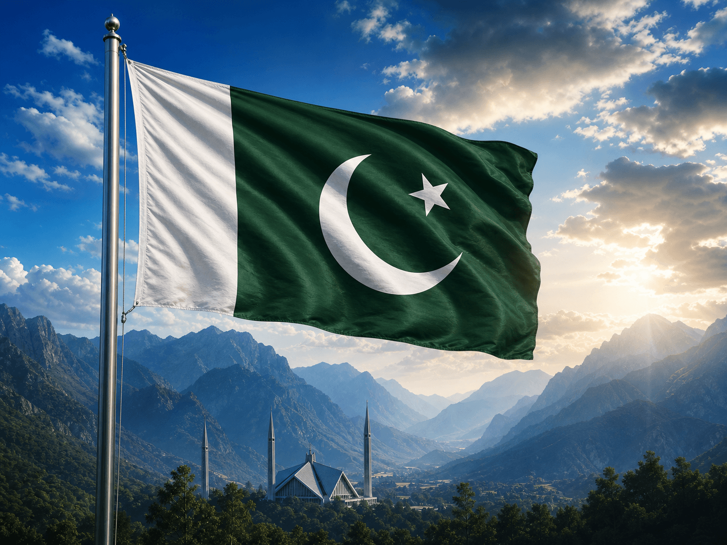 Cinematic Pakistani flag waving on flagpole in mountain landscape